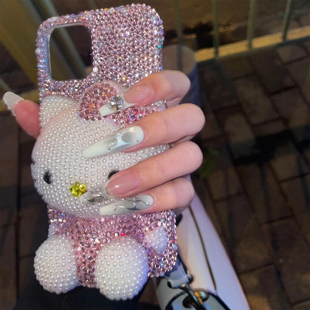 

Чехол для телефона Hello Kitty с блестящими кристаллами и стразами для Iphone 16, 12, 13, 14, 15 Pro Max X Xs Xr 7, 8 Plus Se 2 3 10 Kawaii