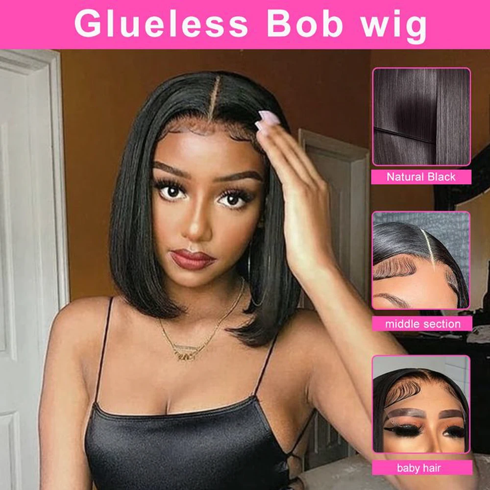 Wig Bob rambut manusia 13x4 Wig tanpa lem rambut manusia pra pencabutan Wig Frontal ketebalan 180% Wig pendek lurus untuk wanita