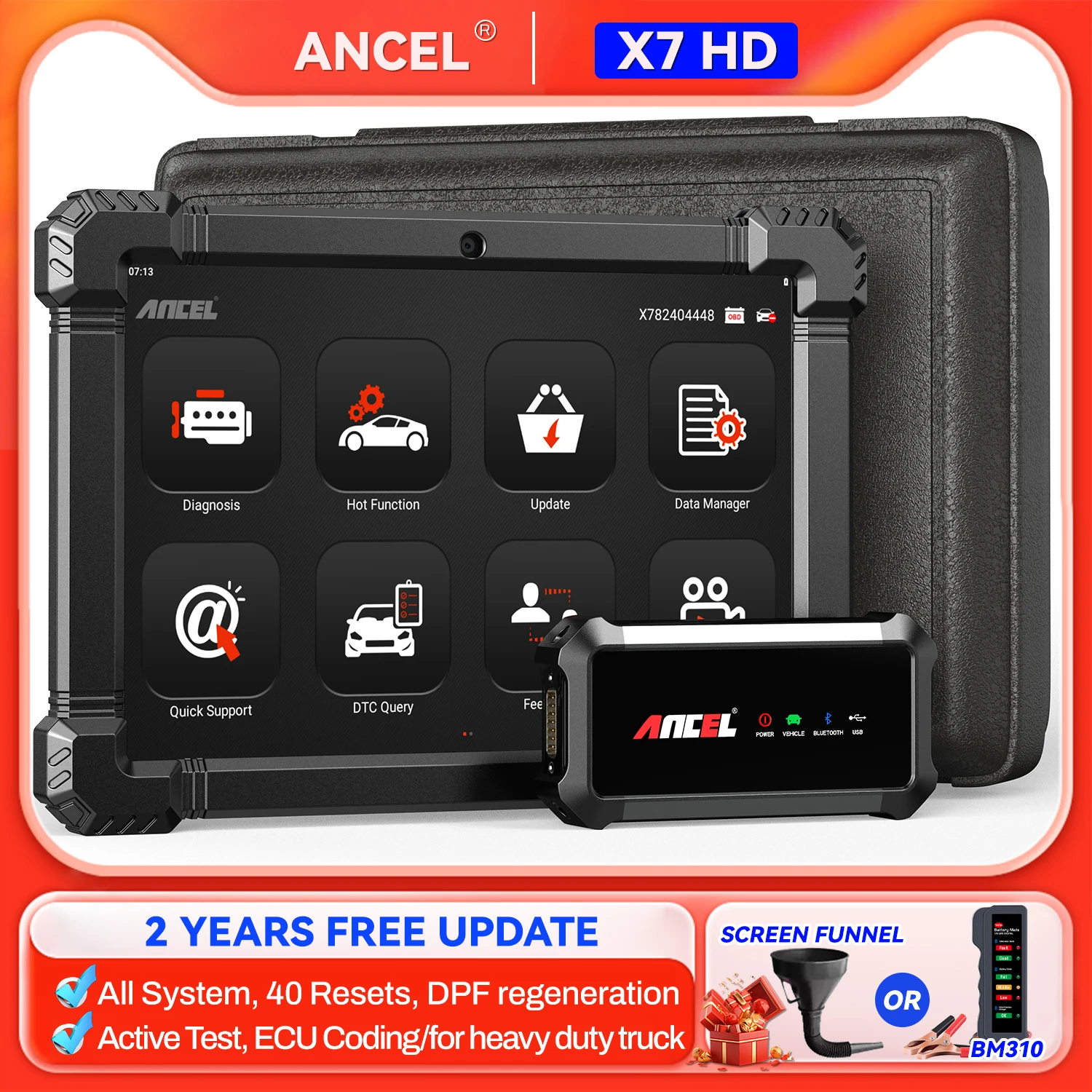 ANCEL X7 HD OBD2 Diagnostic Tool Full System Code Reader ABS Oil Reset SAS DPF 12V Cars 24V Heavy Duty Truck Auto Scanner Tools