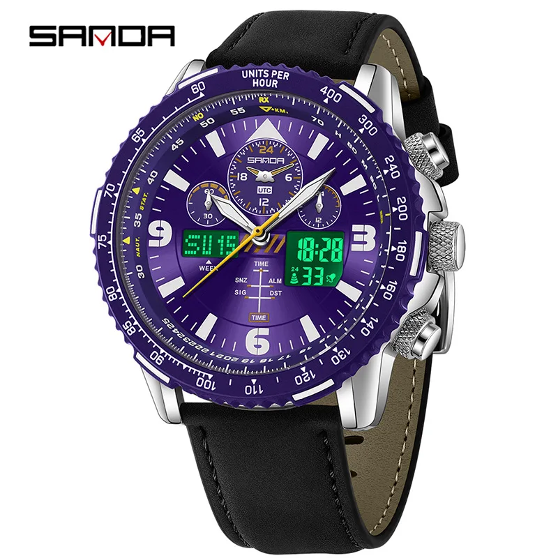 

SANDA* double movement alloy high value multi-function electronic watch large dial sports waterproof alarm clock watch