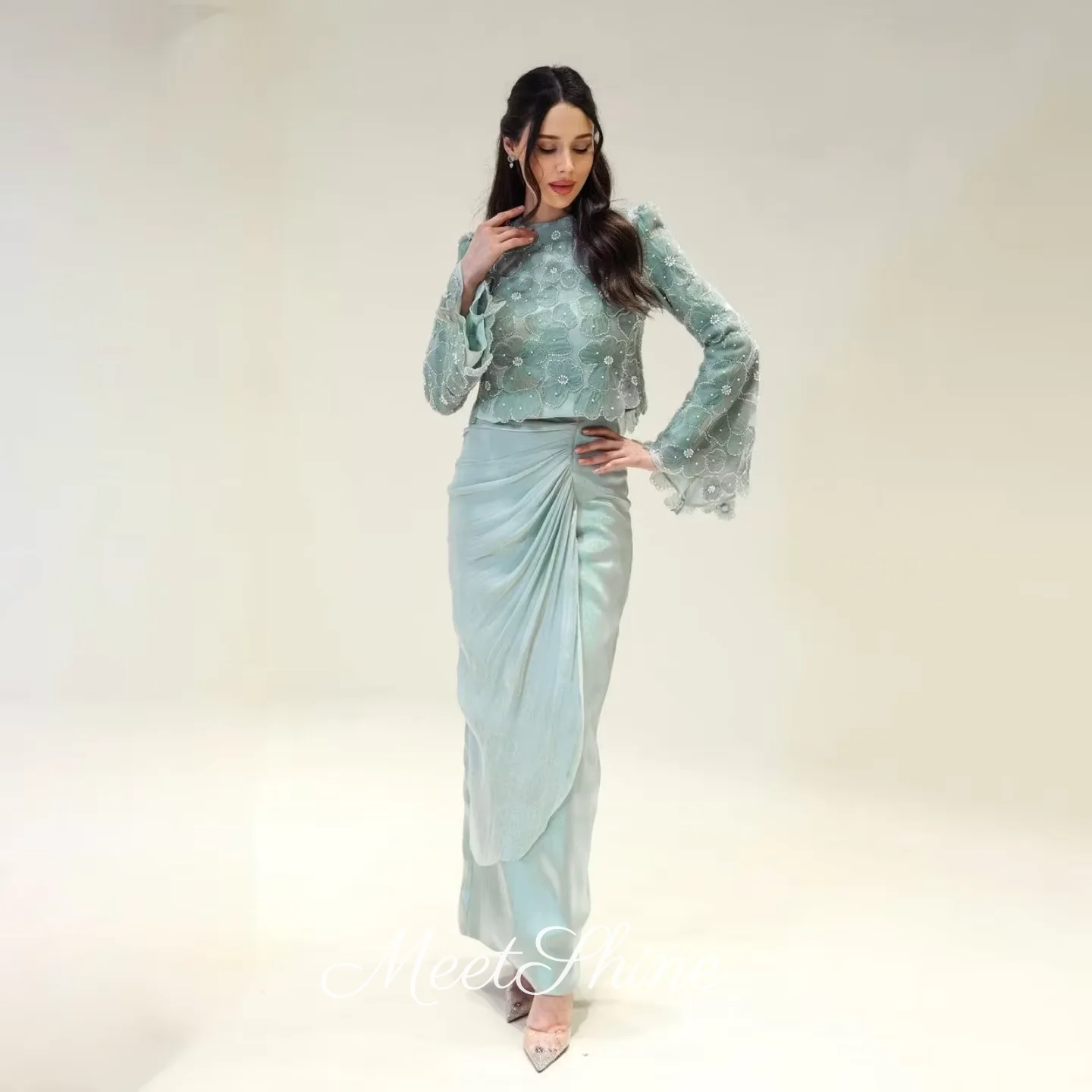 

Aqua Long Sleeves Prom Dress Green Princess Evening Dress Saudi Arabia Formal Wedding Dress Customized Vestidos De Gala 2025