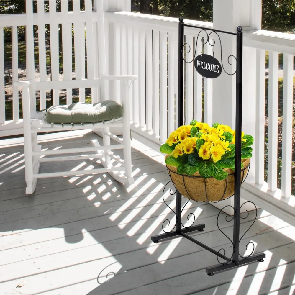 حامل سلة زراعة معدني أسود أنيق مع بطانة كوكو لديكور المنزل والحديقة والفناء والسطح #4