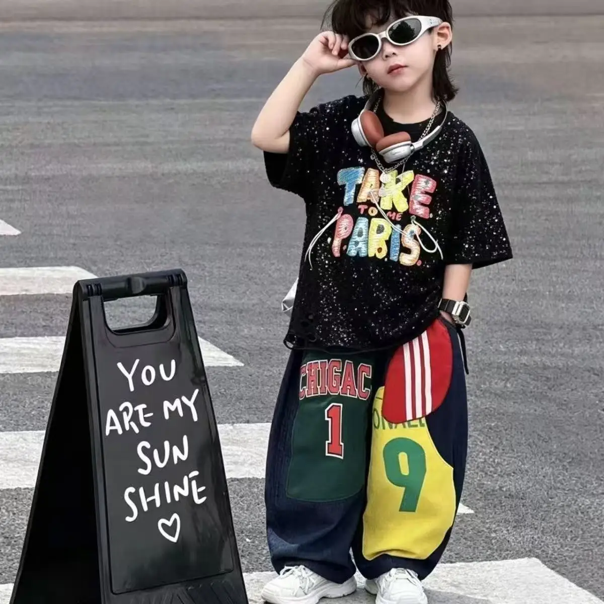 

Boys' Summer Set 2026 Fashion New Style Children's Loose Short Sleeve Printed T-shirt+Casual Jeans Two Piece Set 2-10Y
