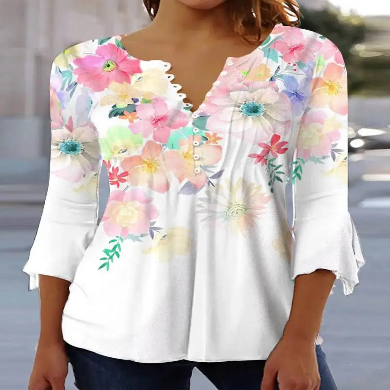 

Plus Size Women's Colorblock Floral Printed 3/4 Sleeve V-neck Buttons Top