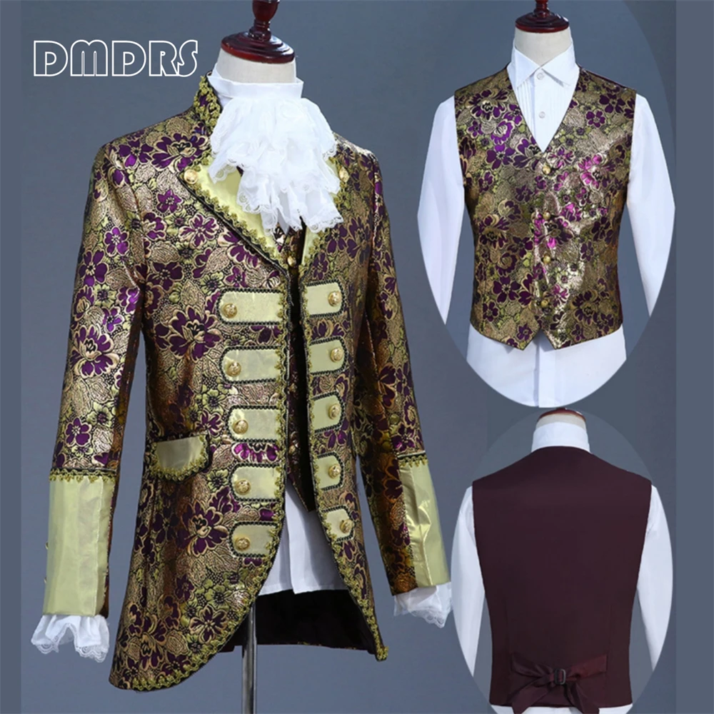 

Роскошный мужской костюм из 3 предметов в средневековом стиле, золотистый кружевной Блейзер, жилет, брюки, смокинг для мужчин, искусственный винтажный костюм, одежда для платья