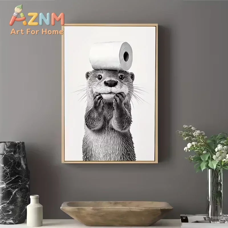 AZNM Funny Otter Canvas Wall Art Black White Sketch Animal With Toilet Paper Bathroom Humor Art Print Unframed Canvas Poster for