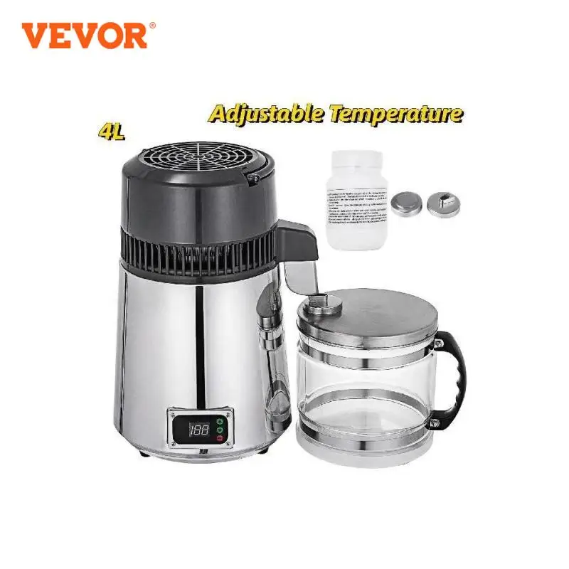 VEVOR Distillatore D'Acqua Purificatore Acqua 4L Acqua Distillazione 750W Filtro Medico Purificatore in Acciaio Inossidabile 304 (Argento+Controllo della Temperatura)