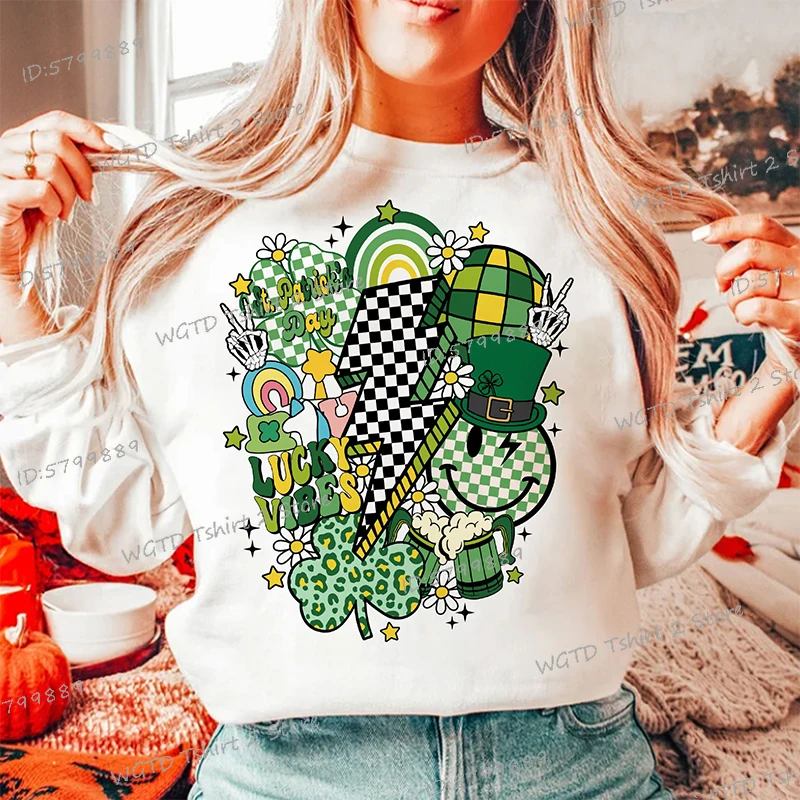 Retro Shamrock St Patrick's Day Graphic Print Sweatshirts Women Irish Celebration Outfit in Style St. Patrick's Day Slim Sweater