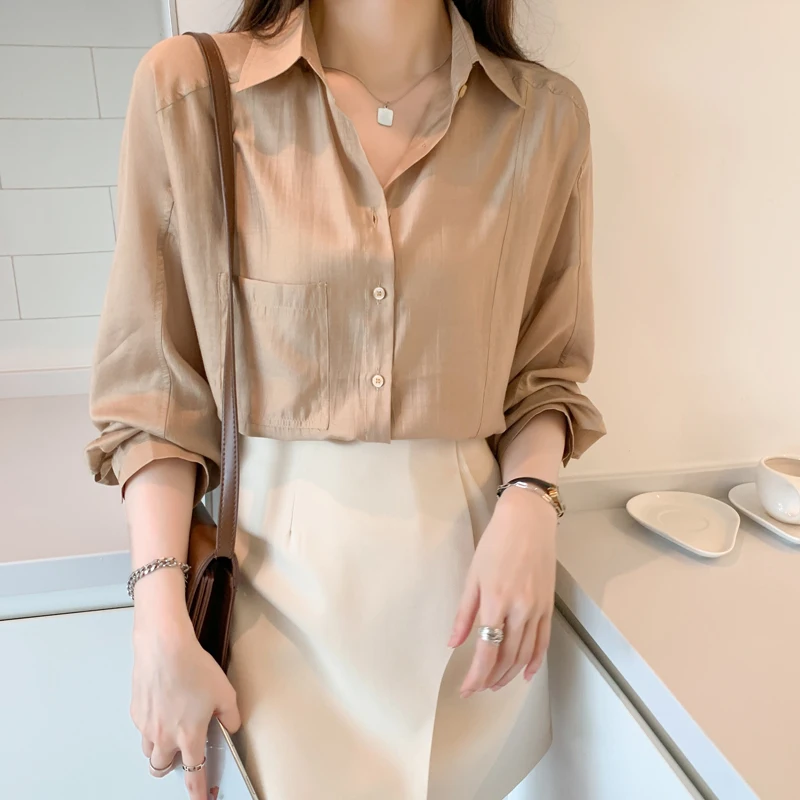 New Women Solid Color Casual Loose Shirts Office Ladies Long Sleeve Blouse Tops