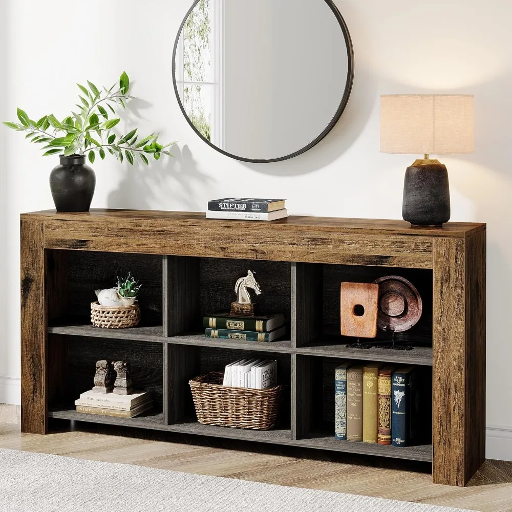 

63-Inch Long Console Table, Rustic Wood Entryway Table with 6 Storage Cubes, Industrial Narrow Sofa Table Behind Couch Table