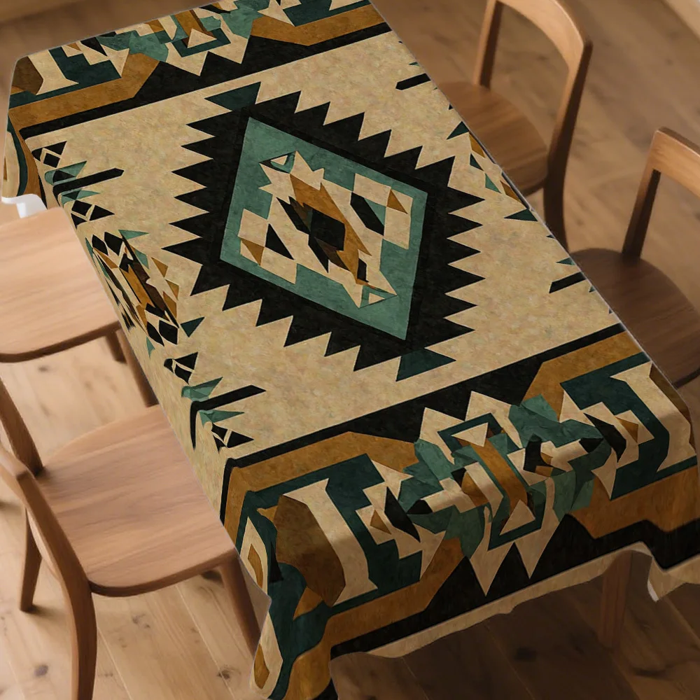 One large rectangular tribal tablecloth - Southwest style turquoise green, brown, beige, blackzyc