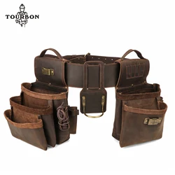 Tourbon Leather Tool Waist Bags with Adjustable Belt Detachable Pockets Heavy Duty  Carpenter Electrician Tool Combo Pouchs Tan