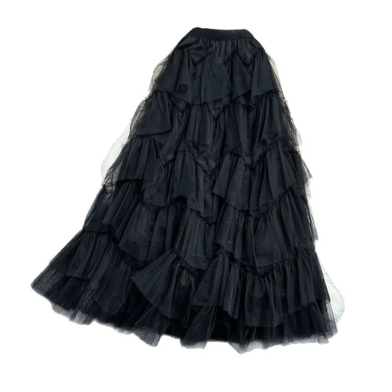 Jupe longue en maille Patchwork pour femmes, nouveau Design de gâteau, polyvalente, ligne A, couches Midi, légère, tendance, mode dames, printemps 2025