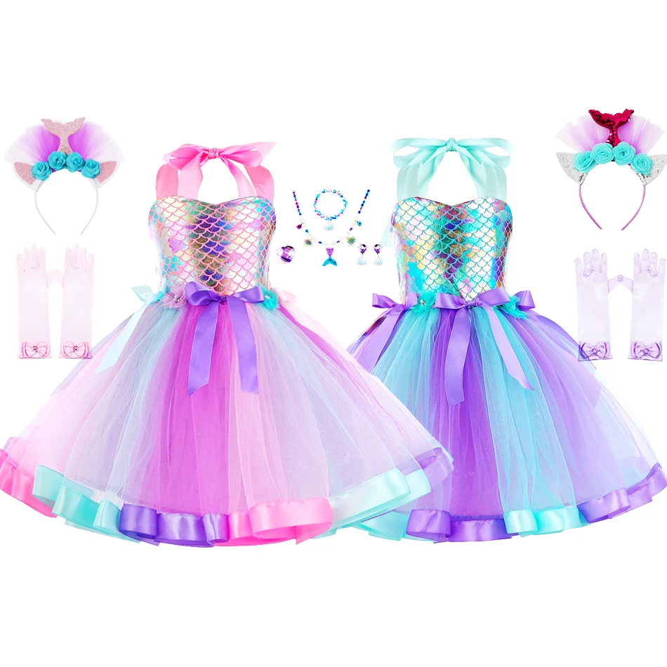 Girls Mermaid Tutu Dress Under the Sea Theme Birthday Party Halloween Cosplay Costumes with Flower Headband