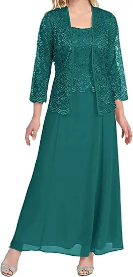 CloverBridal 2023 khaki Women's Summer Dress Lace Jacket 2 Pieces Sunscreen Clothing Chiffon Long Dress Set Mom's Outfit WM9987