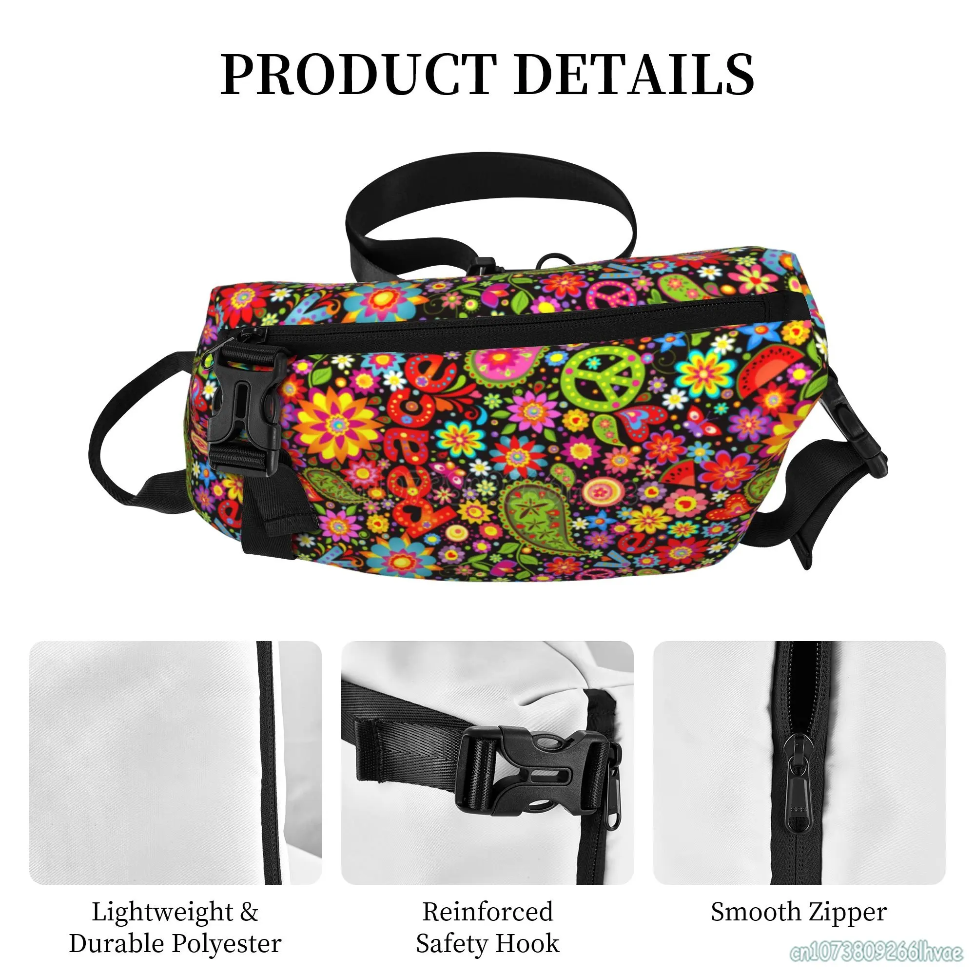 Hippie Colorful Floral Sling Backpack Unisex Crossbody Chest Bag Multipurpose One Shoulder Daypack for Outdoor Hiking Travel