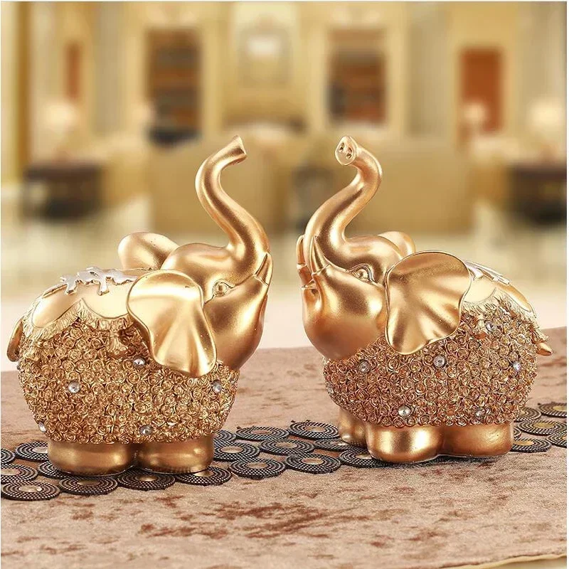 2PCS Luxury European Elephant Figurine Livingroom TV Cabinet Deer Statues Crafts Home Furnishing Decoration Desktop Ornament Art