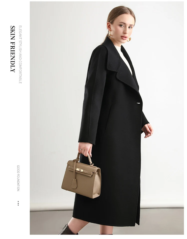 Pure Wool Trench Coat 100% Woolen Overcoat Dense Fabric New Women Turn-down Collar Handmade Long Coat Winter Jacket #20