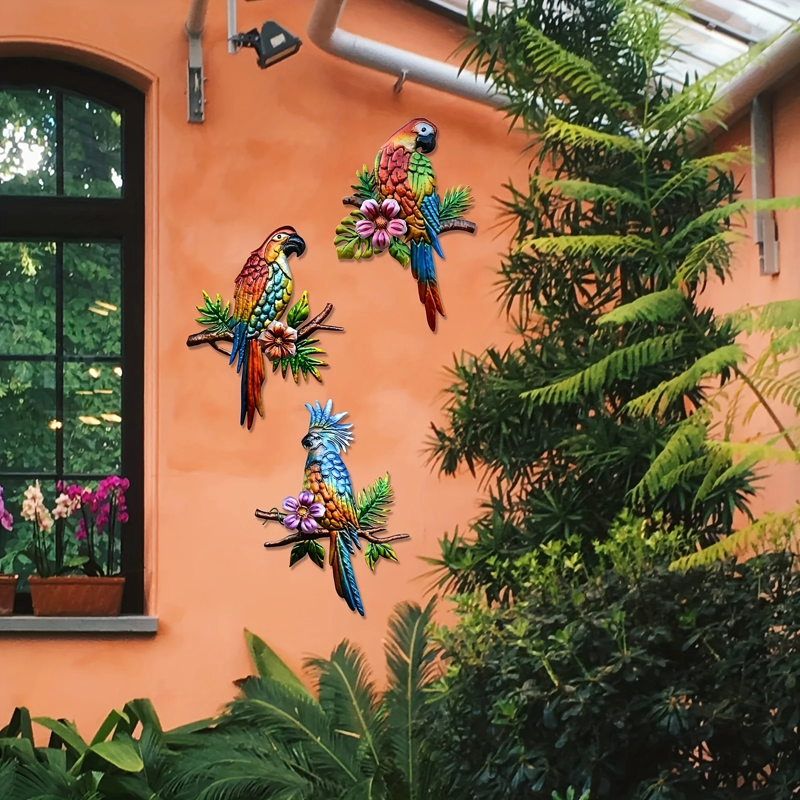 

Metal Parrots Wall Decor for Outdoor Yard, Garden, Patio - 9 Inches Large Hanging Wall Art - 3 Pack