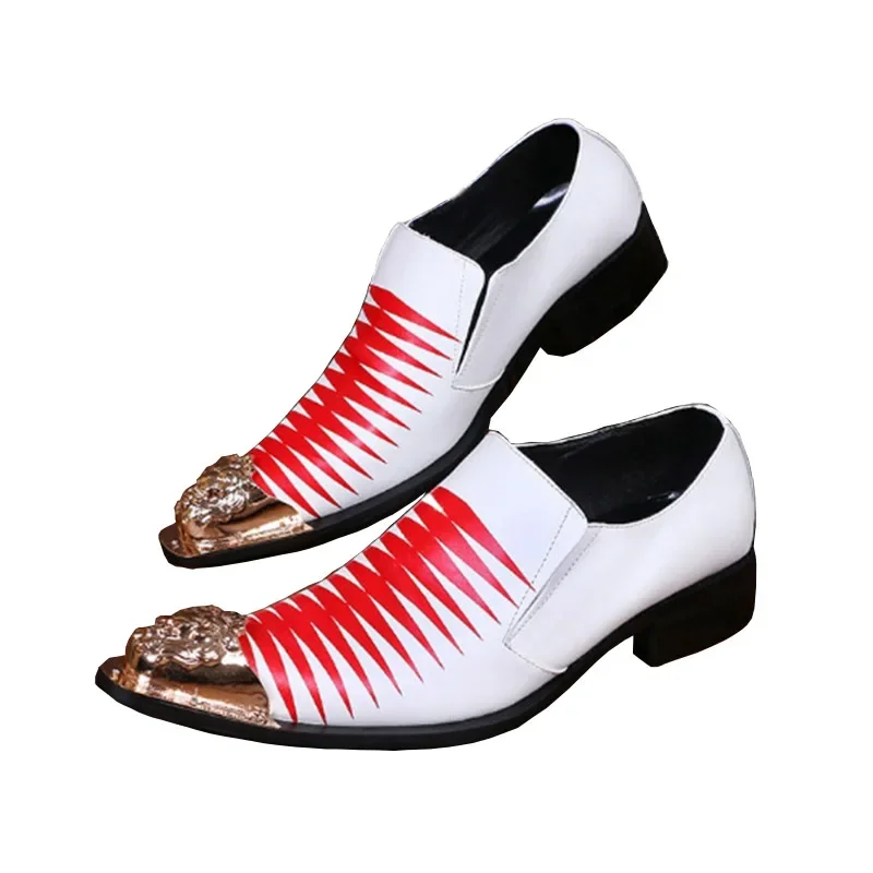 

Batzuzhi New Design Men's Shoes Golden Metal Head Leather Dress Shoes Men Slip on Business, Party and Wedding Shoes, Big EU38-46