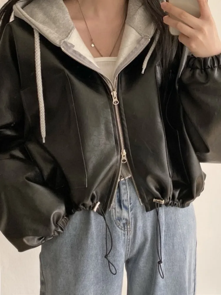 시크한 가을 여성용 바이커 가죽 재킷, 지퍼, 끈, 스탠드 칼라, 큰 캐주얼 디자인, 한국 스타일, 레귤러 핏 코트
