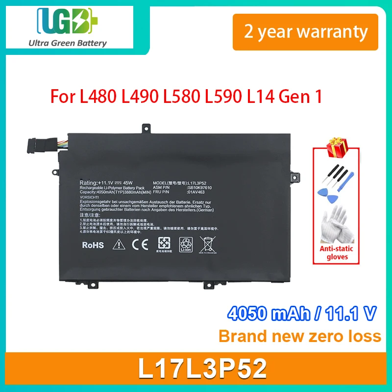 

UGB New L17L3P52 Laptop Battery For Lenovo Thinkpad L480 L490 L580 L590 L14 Gen 1 TP00120A SB10K97610 01AV463 L17C3P52 01AV466