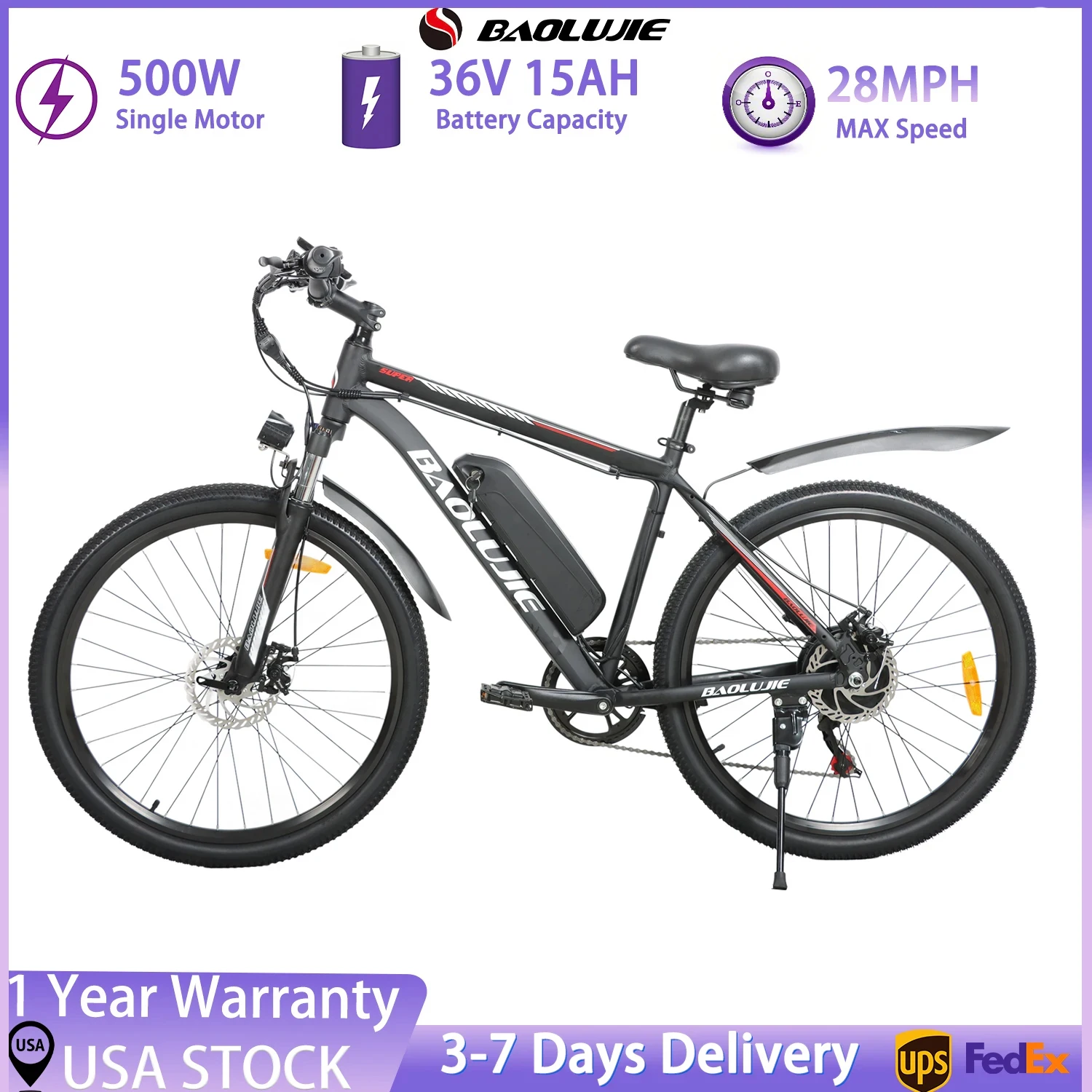 

Электрический велосипед BAOLUJIE S1 для взрослых, электрический велосипед, 500 Вт Moto 36 В 15 Ач, электронный велосипед, максимальная скорость, 28 миль в час Dirt E велосипед【1-летняя гарантия】