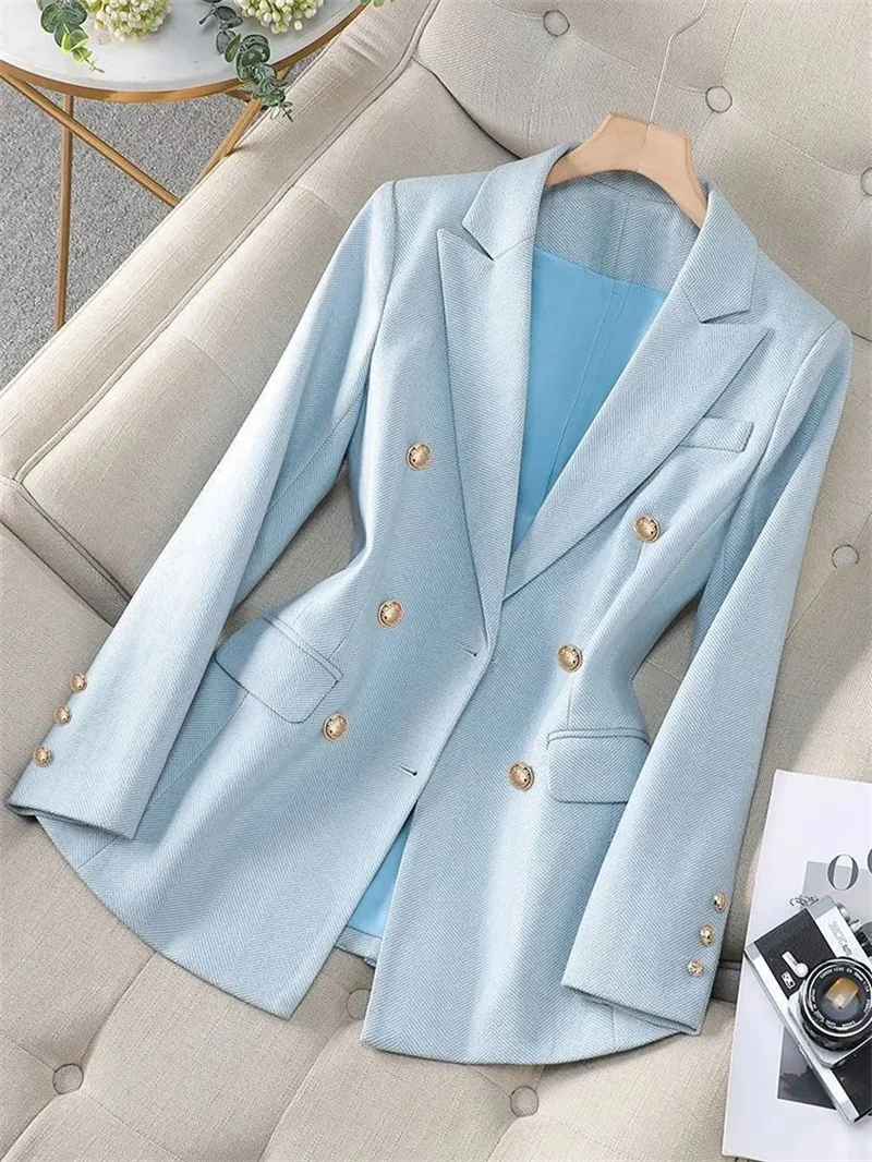 Blazer Women Spring Autumn Jacket Office Ladies Buiness Suit Long Sleeve Coat Blue Clothing New Pink Apricot