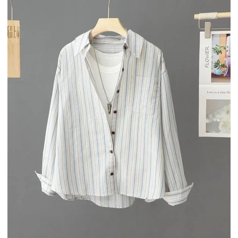 

Striped Shirts for Women Retro Polo-neck Cardigans Long Sleeve Casual Korean Style Single Breasted One-piece Blouse Women Tops