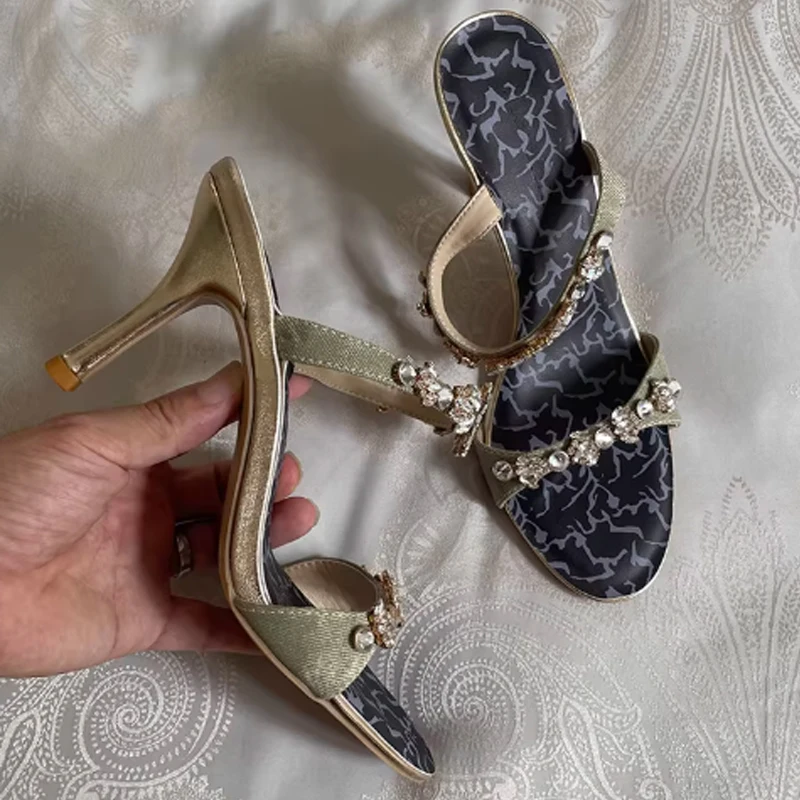 

Rhinestone Retro Gold Open Toe Stiletto Sandals Woman Summer 2026 Crystal Slip-On High Heel Mules Shoes for Party & Wedding