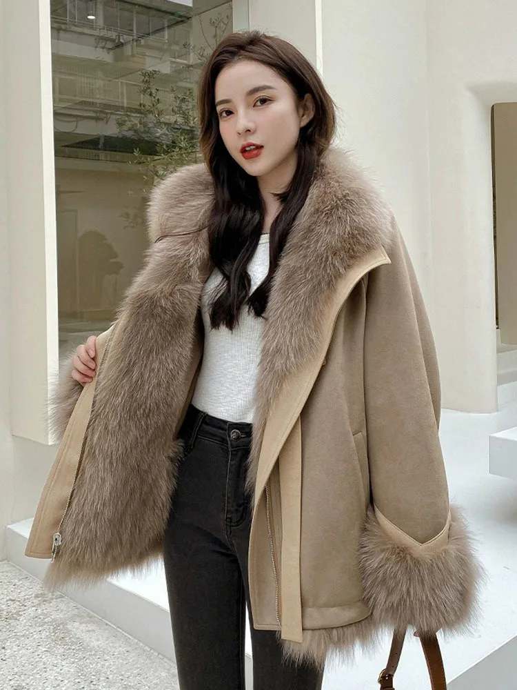 LANMREM Splicing Imitation Fox Fur Coat For Women Patchwork Leather Thick Luxury Warm Coats Female Winter Fashion New 2DB1409