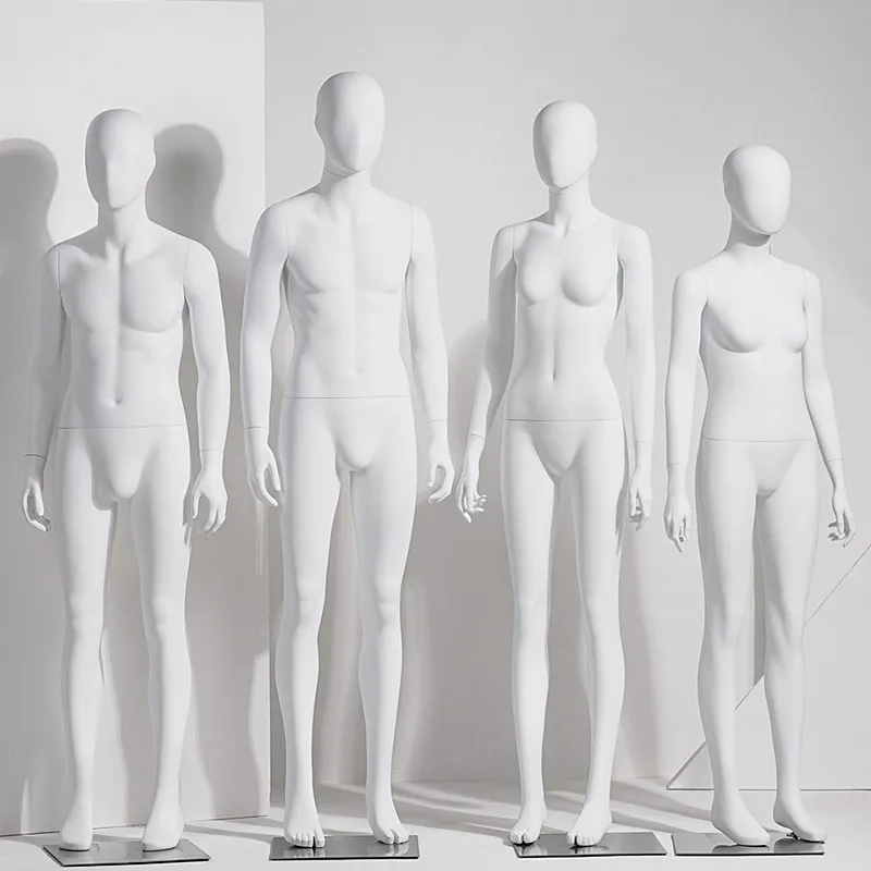 women's Matte white full-body mannequin for clothing store, display rack for women's apparel, window display photography, male