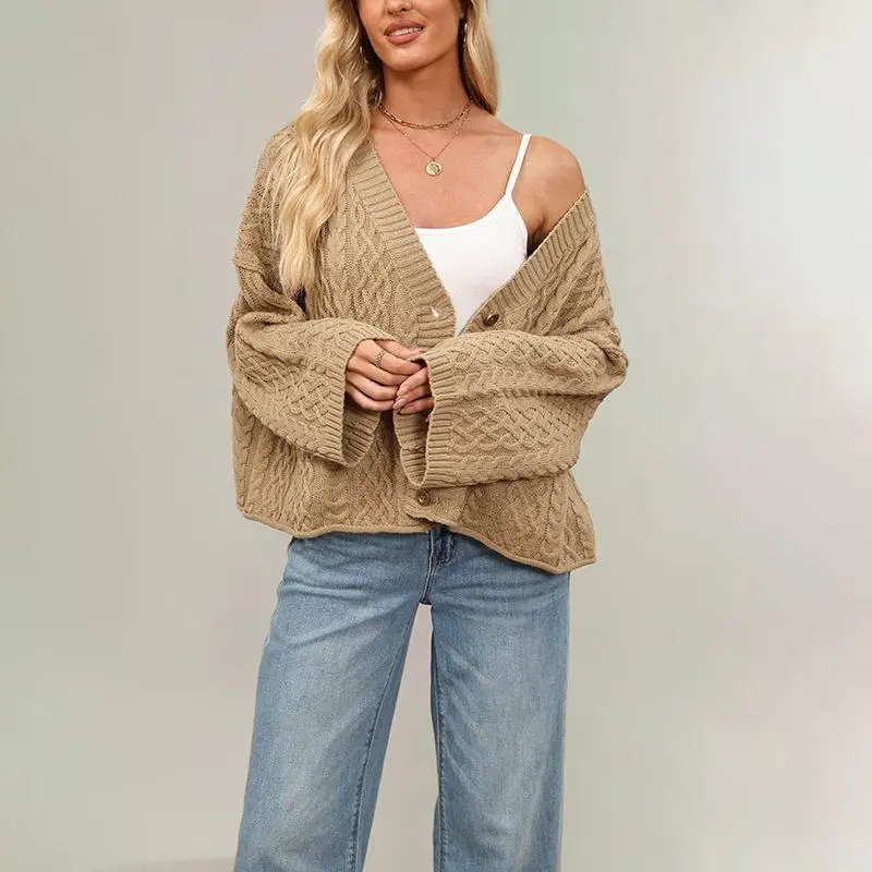 

2026 Autumn Winter New Style Women's Loose Knitted Cardigan Twist Pure Color Outerwear Cross-Border Fashion Ladies Sweater