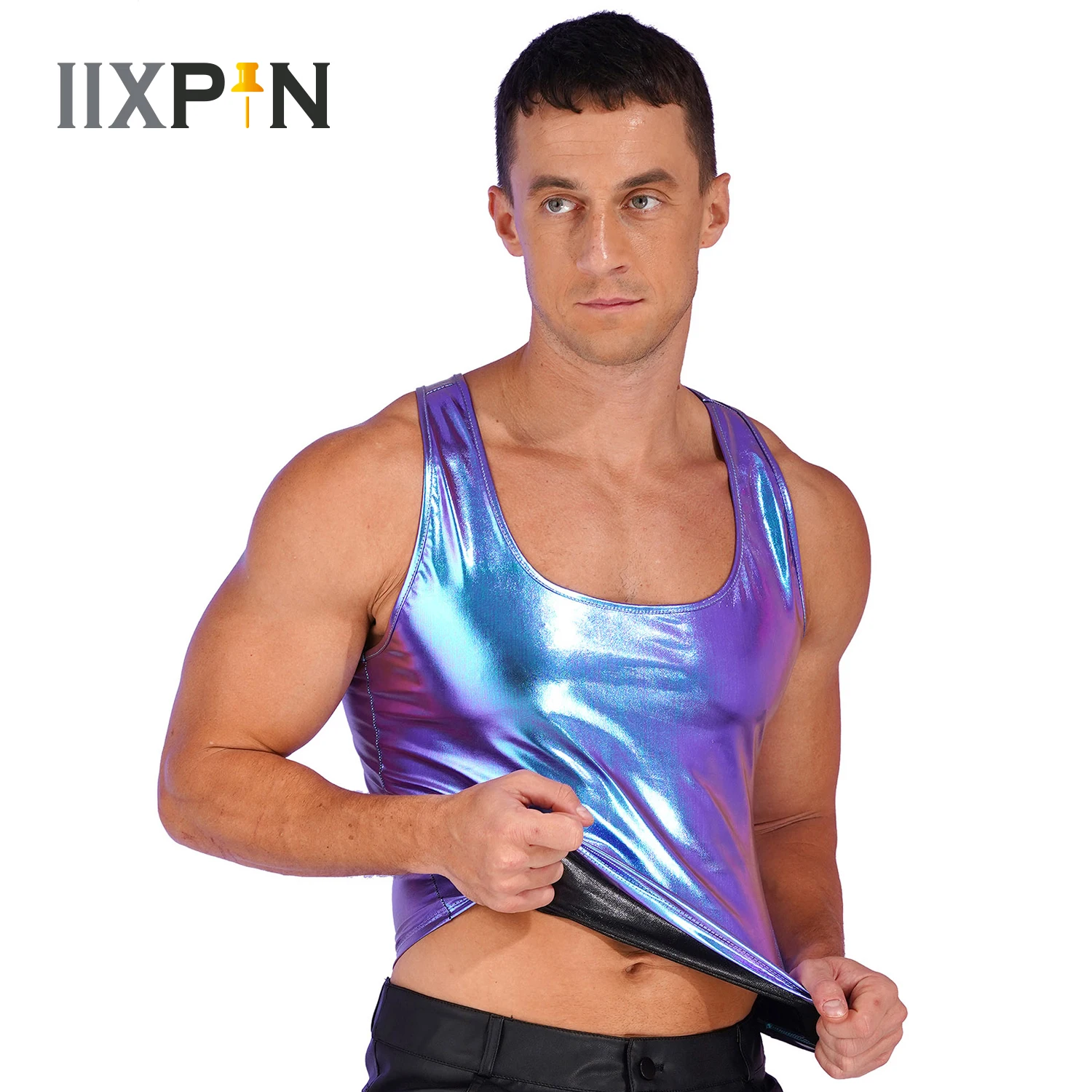 Shiny Metallic Mens Sleeveless Vest Tank Top Party Clubwear Undershirt Sexy Men's Racer Back Slim Fits Camisole Smooth Tank Top