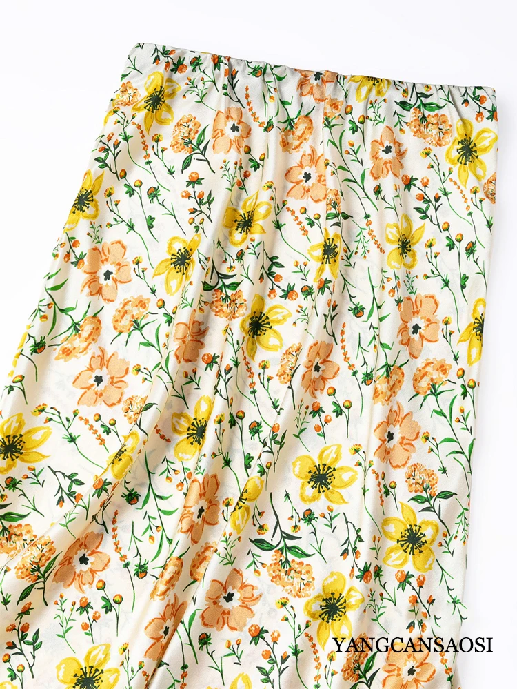 Women's Casual Summer New Orange Print Oblique Cut 93% Natural Mulberry Silk Elastic Satin Glossy Side Slit Hip Hugging Skirt