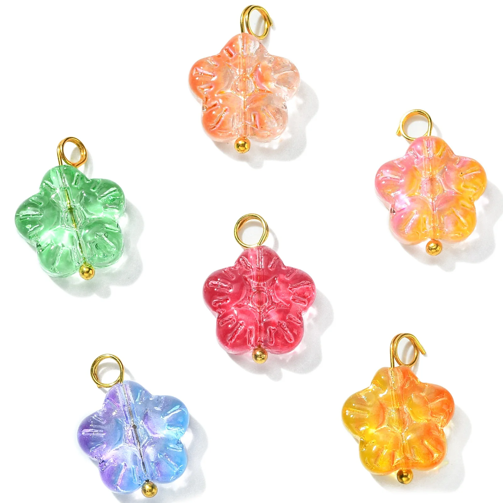 Pandahall 30Pcs 5 Colors Transparent Lampwork Glass Flower Charms 5-Petal Flower Shape Glass Charms for Jewelry Crafts Making