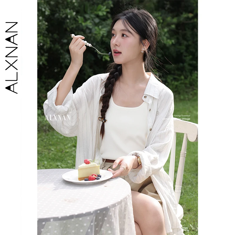 ALXNAN Kemeja Bergaris Kasual Tabir Surya Kasual Lengan Panjang Blus 2025 Musim Panas Elegan Longgar Liburan Pakaian Wanita L56567