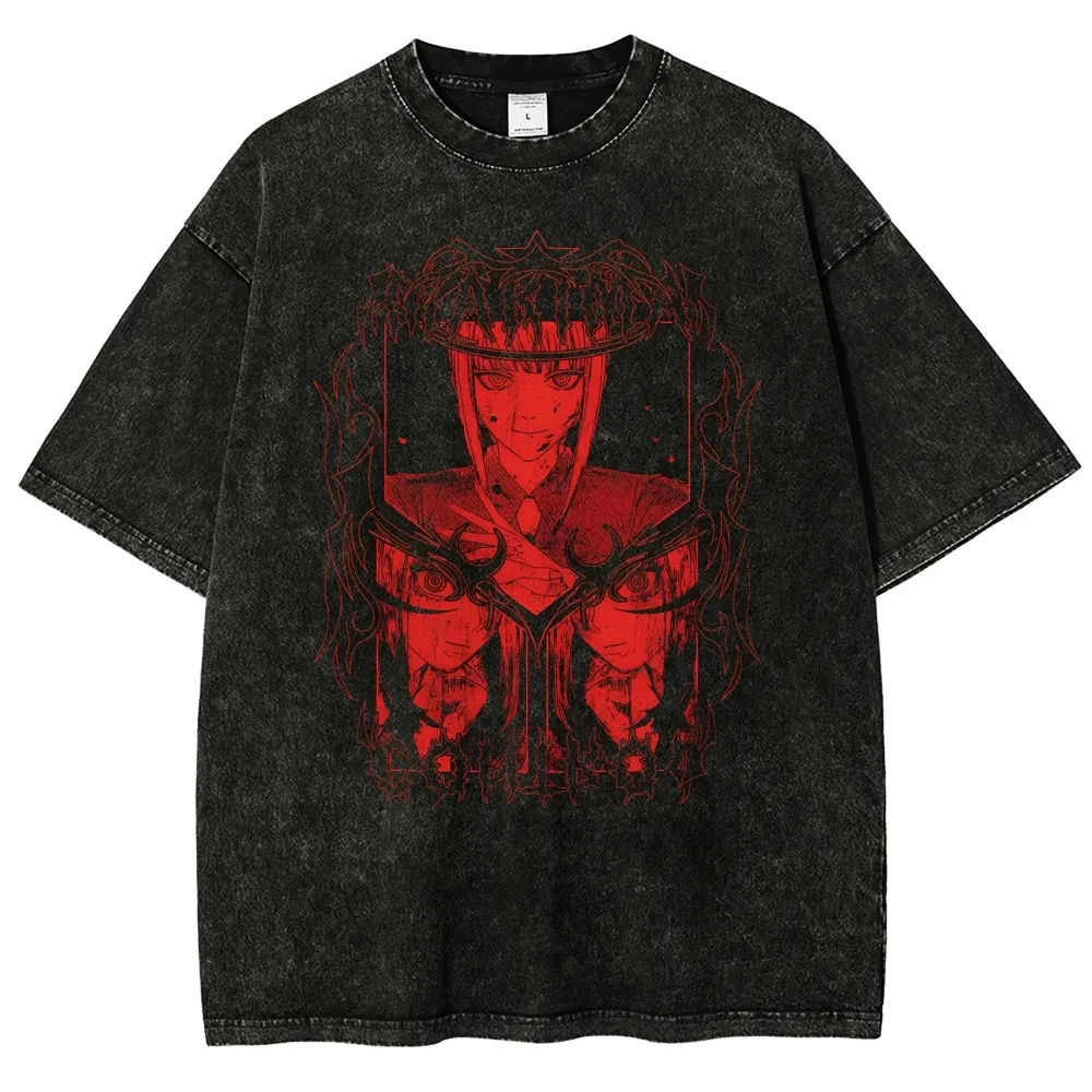 

Chainsaw Man Makima Control Devil Vintage Washed Cotton T Shirt Men Women 2026 Summer Oversized Streetwear