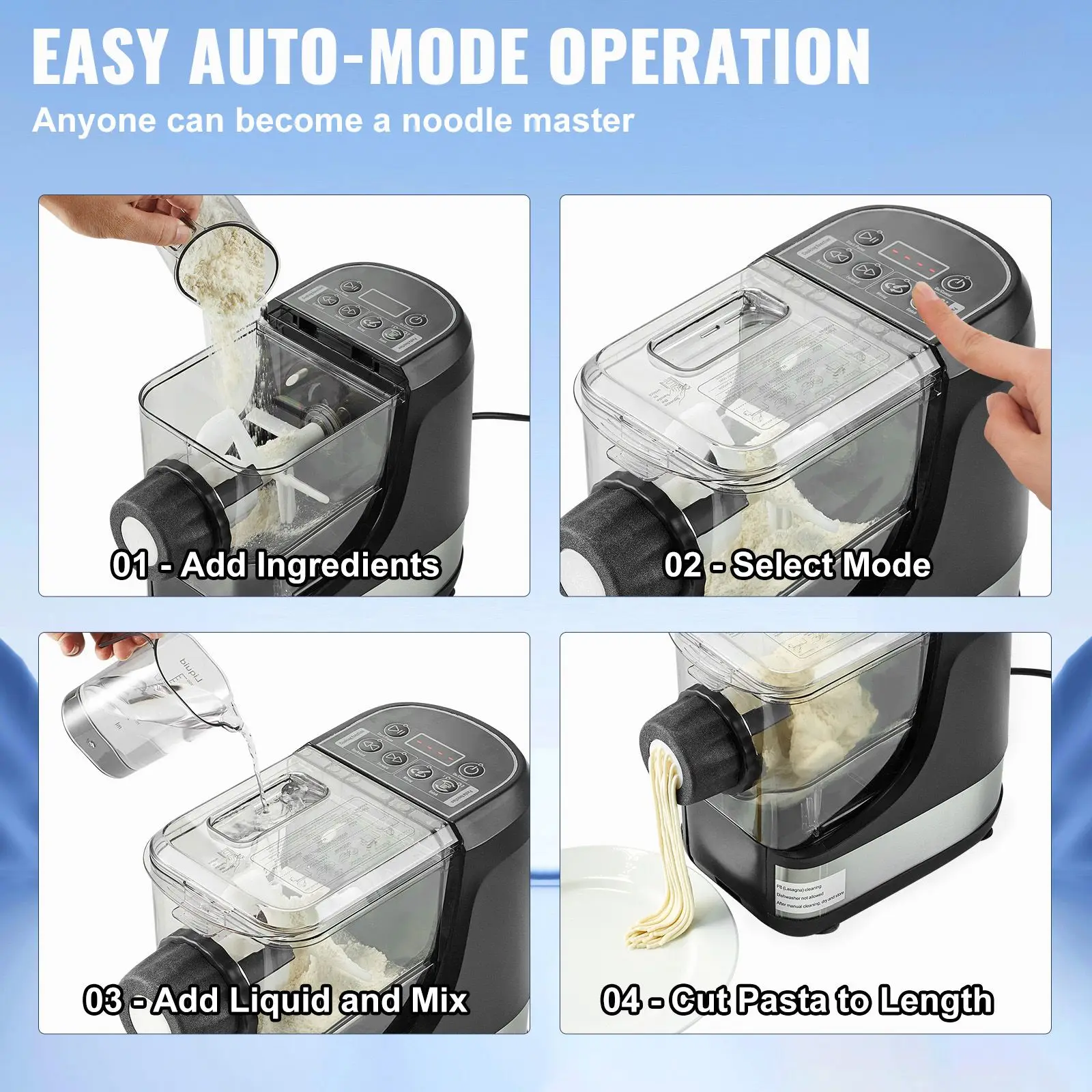 Electric Pasta Maker, 150W Automatic Noodle Maker Machine with 8 Pasta Shapes, 4 Intelligent Modes, 500g Flour Capacity Pasta Maker Machine with Measuring Cups, Cleaning Brush for Home Kitchen, Black