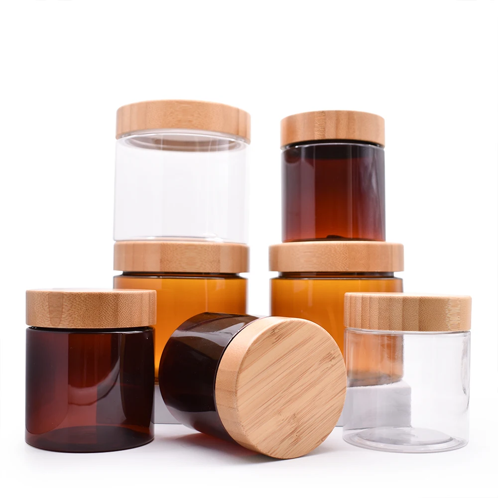 Confezione cosmetica naturale 50ml 150ml 250ml 500ml Barattoli in PET satinato/ambra/trasparente Barattolo di crema in plastica per burro corpo da 8 once con coperchio in bambù