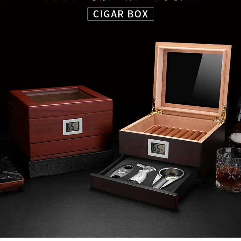 Vintage Style Cigar Humidor with Hygrometer & Humidifier - Cedar Wood Portable Box for 25-50 Cigars with 2 Drawers Cedar Cabinet