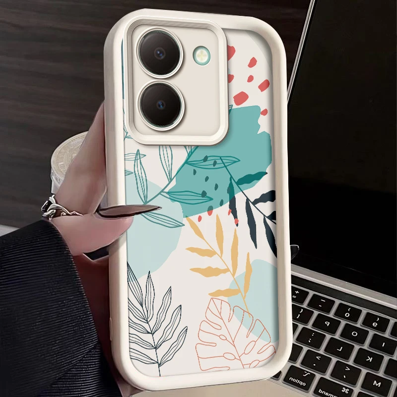 Luxury Fresh Green Leaf Painted Phone Case For Vivo Y27 5G Y27s Y36 Y78M Y77t Silicone Anti Drop Soft Cover Funda