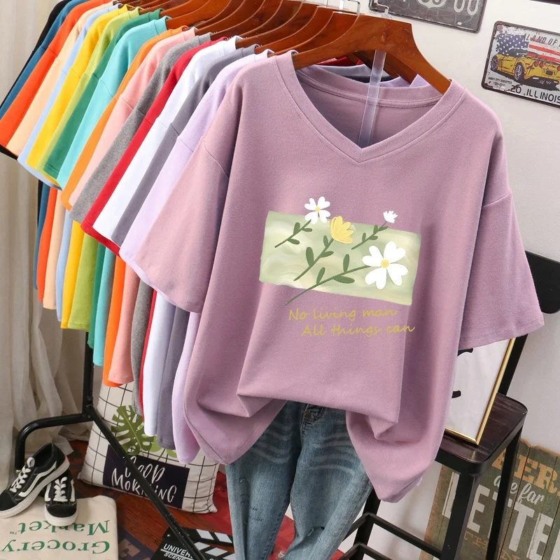 Extra Large Size Pure Cotton Short Sleeve Women's T-shirt V-Neck Loose Fit Summer New Style Korean Commute Cartoon Print