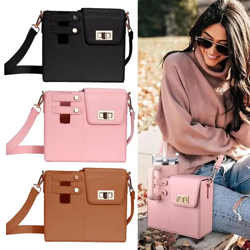 Water Bottle Carrier Bag ForStanley Cup Sleeve Handbag PU leather Outdoor Portable Pouch with Adjustable Shoulder Strap