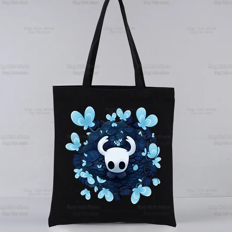 Hollow Knight Game Cartoon nero borse Unisex borsa Tote in tela personalizzata stampa uso quotidiano borsa per la spesa Casual da viaggio riutilizzabile