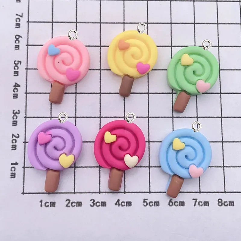 10 buah Kawaii kartun Lollipop Resin liontin DIY wanita anting liontin kalung gelang gantungan kunci dekorasi datar Resin belakang