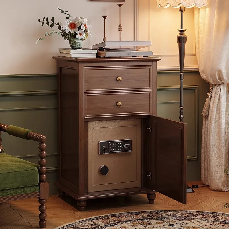 Solid Wood Nightstand with Hidden Safe – Biometric Fingerprint & Digital Keypad Lock, Smart Bedside Table Storage Cabinet