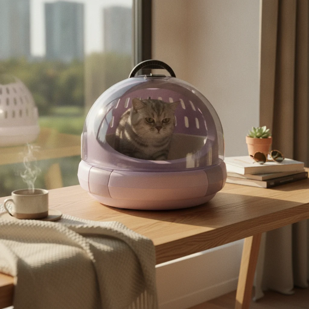 ドーム型ケージ輸送用キャットキャリア、硬質壁、透明前面、換気機能付き、獣医訪問用