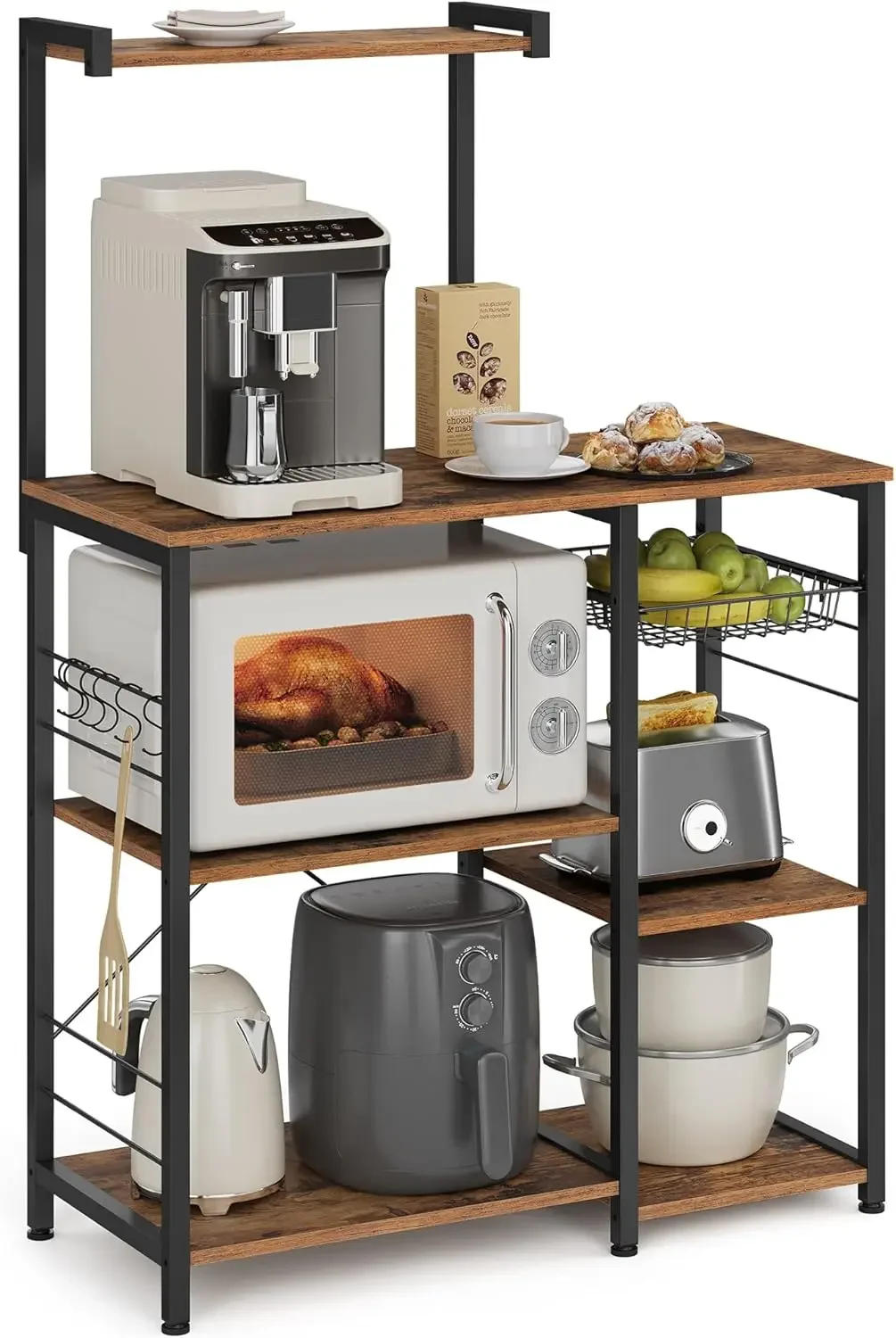 NEW Baker's Rack, Microwave Stand, Kitchen Storage Rack with Wire Basket, 6 Hooks, and Shelves, for Spices, Pots, and Pans,