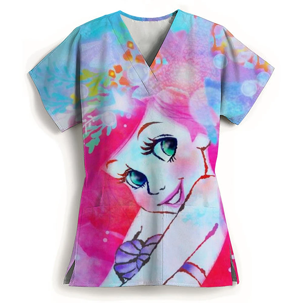 

Uniform Women's Medical Disney Alice's Adventures In Wonderland Cartoon Printed Care Top V-neck Short Sleeved T-shirt Pet Medica